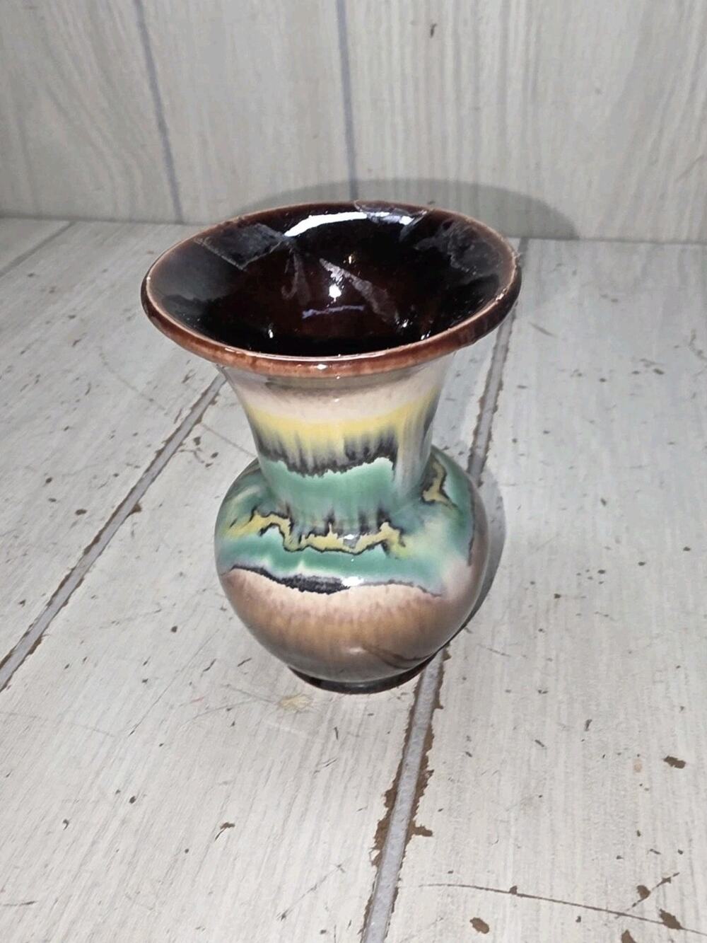 Vintage Majolica Style Pottery Abstract Design Multicolored Vase Artist Signed